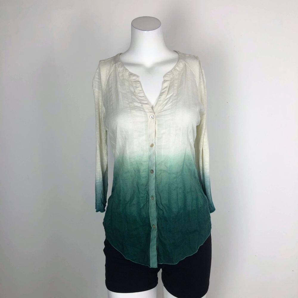 TINY Ombre Fade Green White Button Blouse Top - Picture 4 of 7